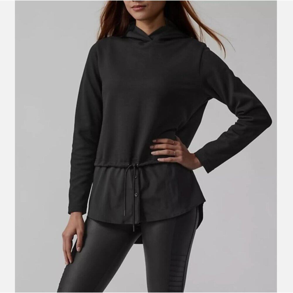 Athleta Black Gallery Hoodie Sweatshirt Layered Pullover Top Drawstring Waist S